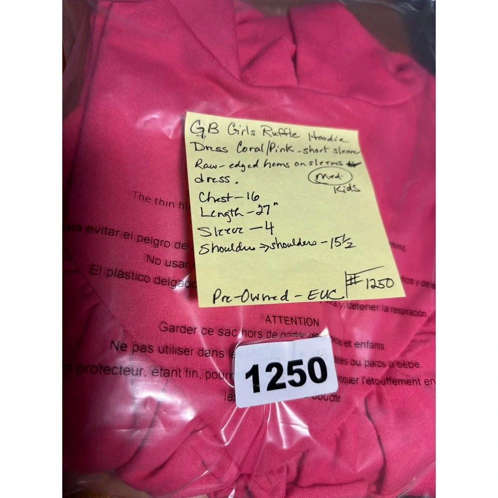 GB Girls Ruffle Hoodie Dress Casual Coral Pink Short Sleeve Raw edged hems M EUC
